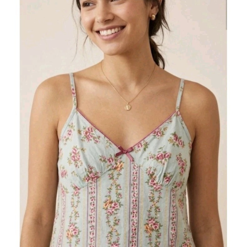 Beachy Cute‎ Summer Ready Boho Peasant With Bow Floral Cotton Tank Top Sz Lg